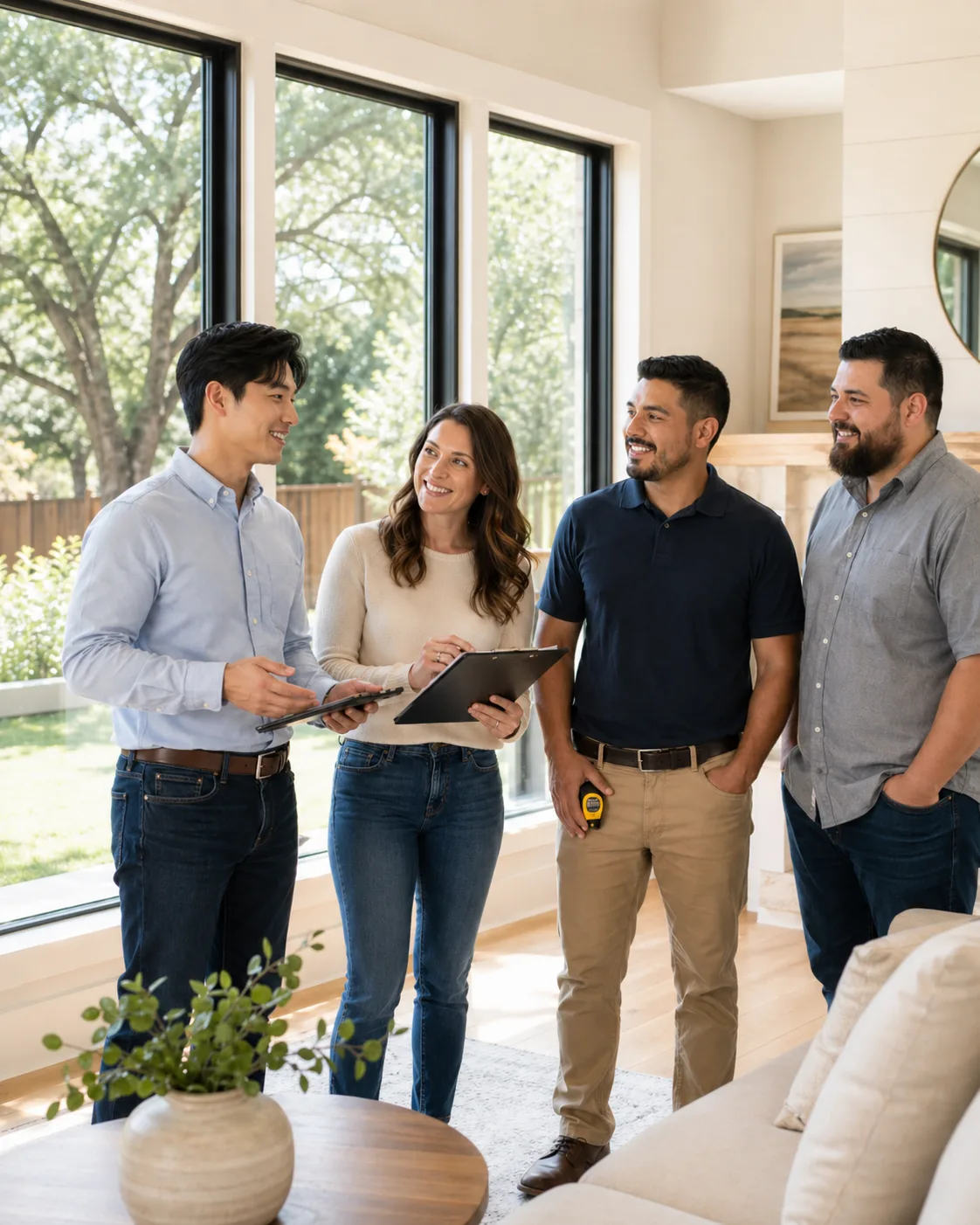 Aquamarine Windows & Doors team discussing a window and door replacement project inside a bright Dallas–Fort Worth home