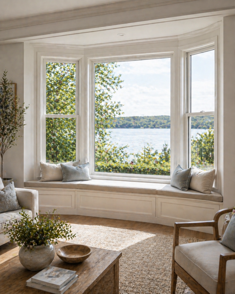 Dallas living room with bay and bow window design, built-in seating, natural light, and an expanded outdoor view.
