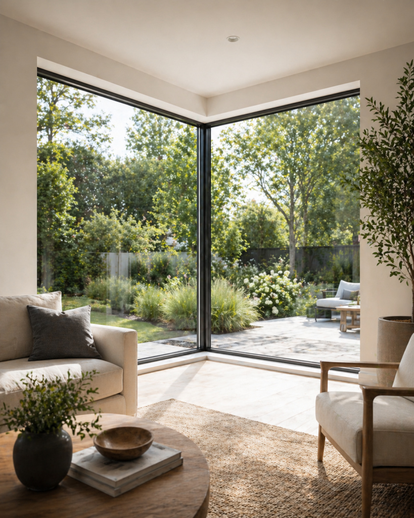 Dallas modern living room with large corner windows, black frames, garden views, and natural light from two directions.
