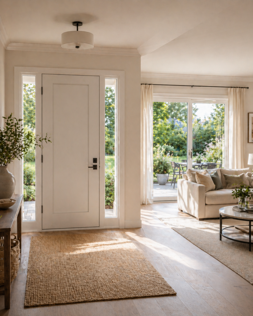 Dallas home interior with front door sidelights and sliding glass patio door, improving daylight, comfort, access, and indoor-outdoor connection.