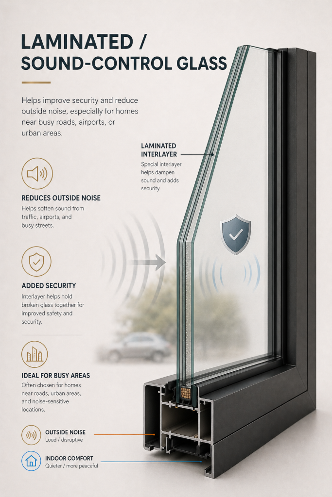 Laminated sound-control window glass reducing outside noise for homes near roads, airports, and urban areas in Dallas–Fort Worth.