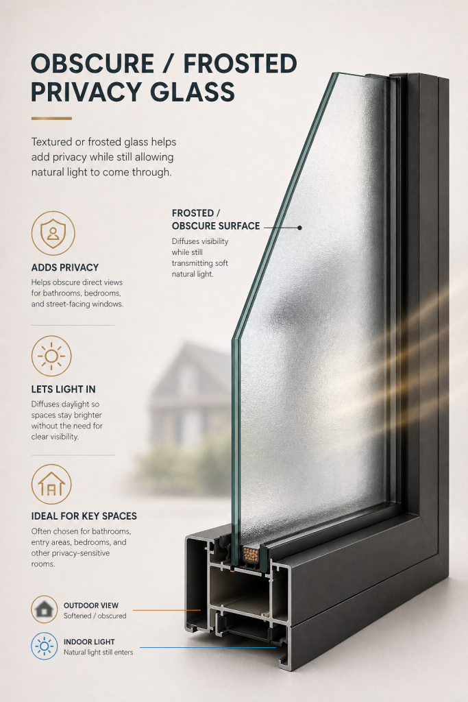 Obscure frosted privacy window glass for bathrooms, bedrooms, and street-facing windows in Dallas–Fort Worth homes.