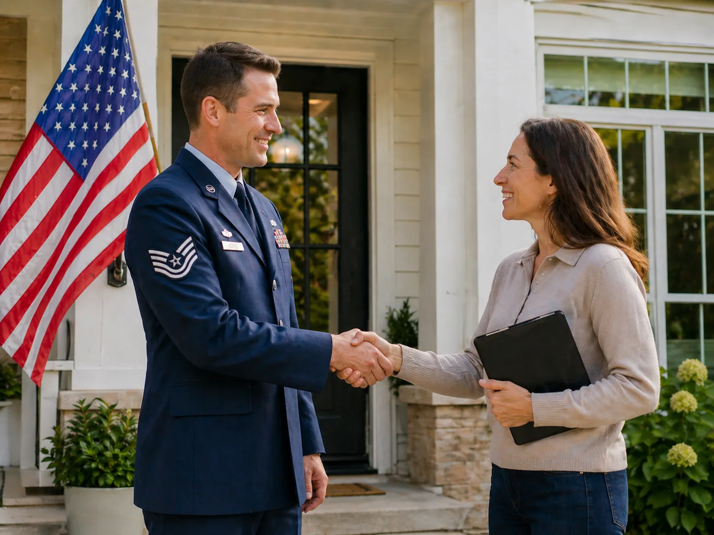 Veteran homeowner in Dallas–Fort Worth meeting a window and door design consultant at his front porch with an American flag.