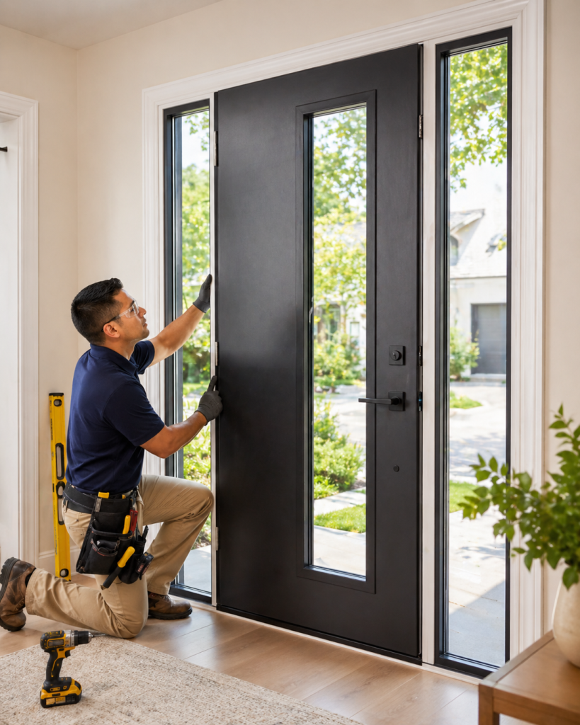 Dallas front door installation with a black entry door, sidelights, modern hardware, and professional installer.