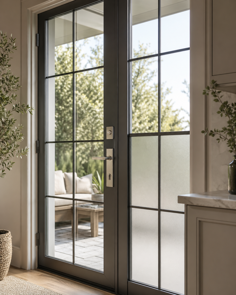 Dallas patio door detail with glass grids, privacy glass, black frame, and modern hardware finishes for home design inspiration.