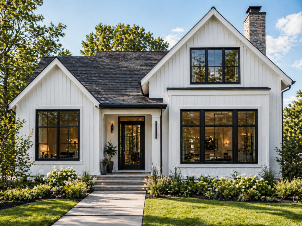 Dallas home exterior with modern black-frame windows, clean architectural lines, and strong curb appeal contrast.