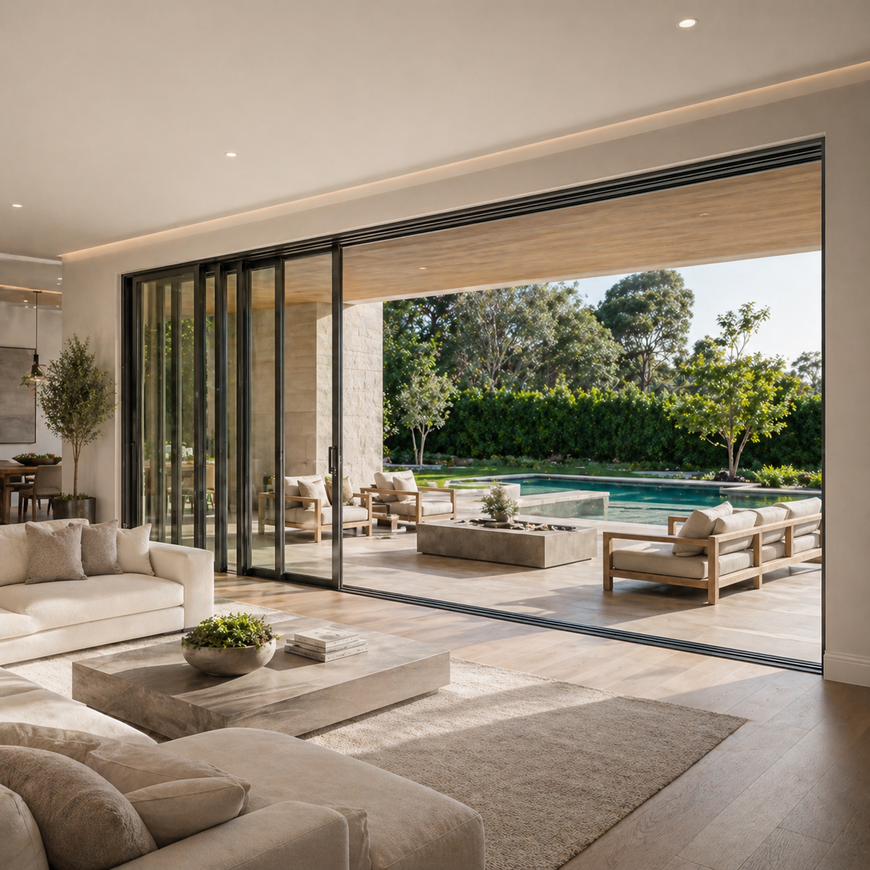 Dallas luxury living room with multi-slide big glass doors opening wide to a pool, patio, and outdoor entertaining area.