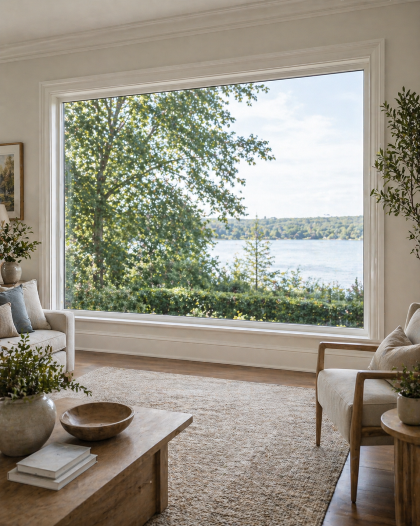 Dallas living room with a large picture window, fixed glass, natural light, and an open outdoor view.