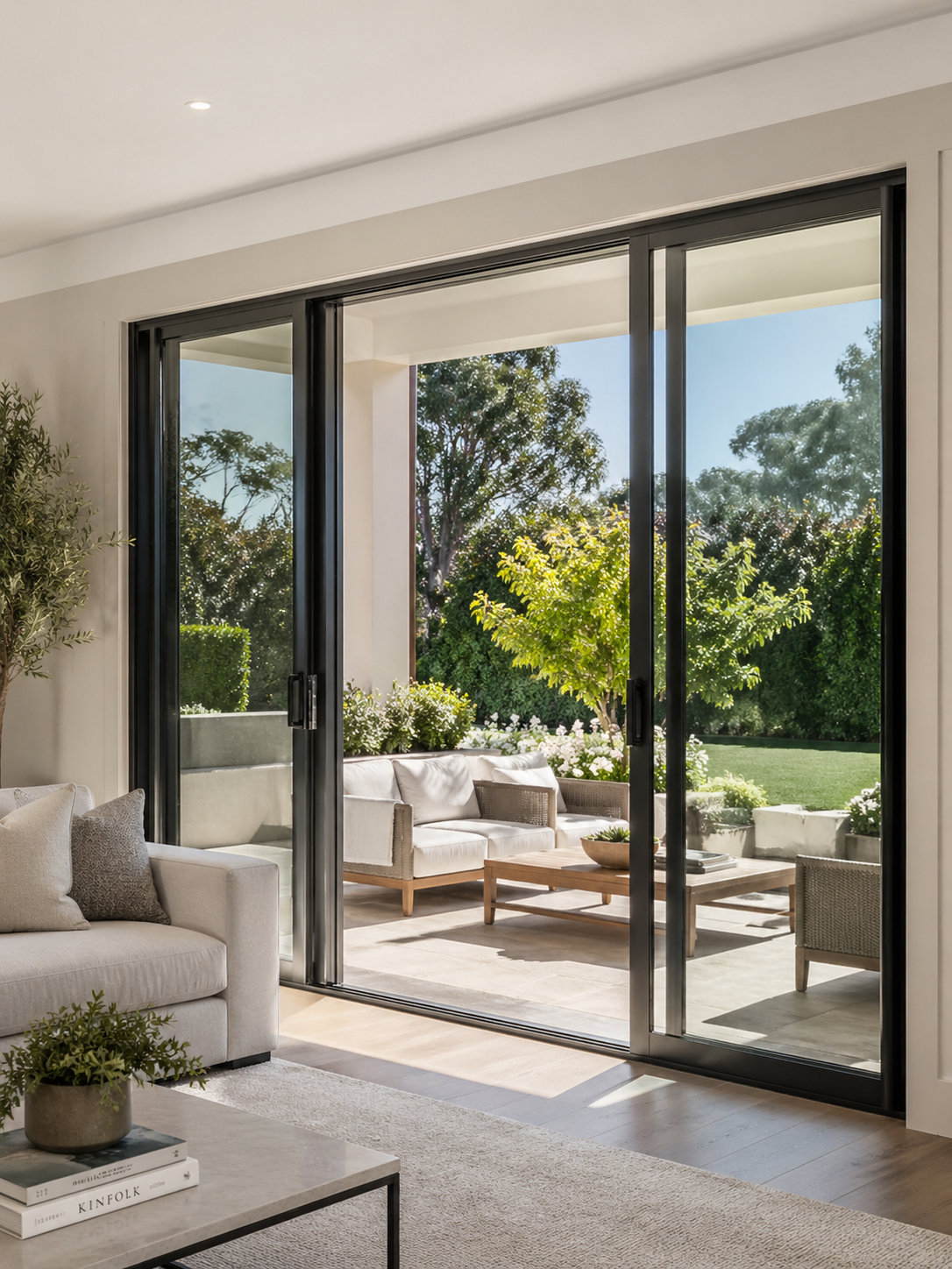 Dallas living room with black sliding patio doors connecting the interior to a bright outdoor patio and backyard.