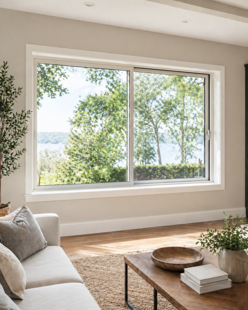 Dallas home interior with a wide sliding window, clean horizontal lines, natural light, and an open view.