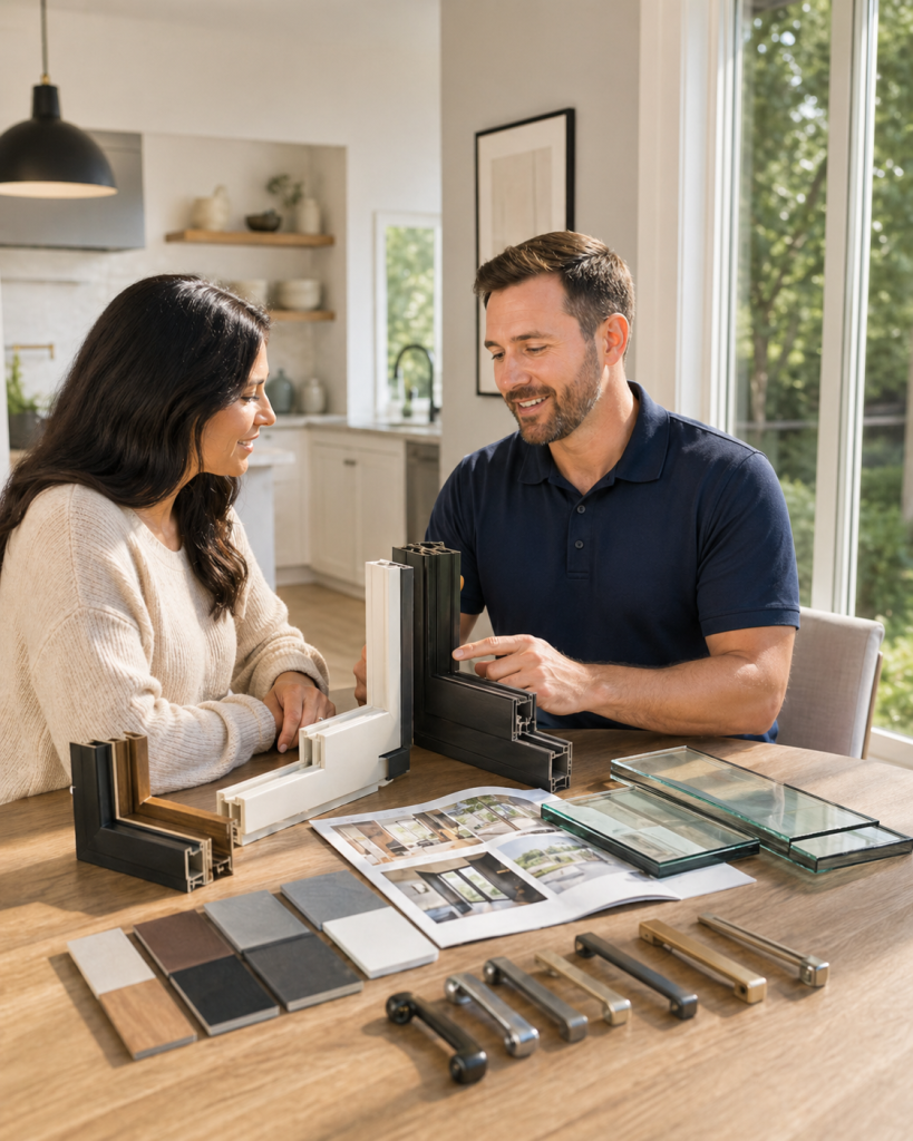 Dallas window and door design consultation with frame samples, glass options, hardware finishes, and product selection materials.