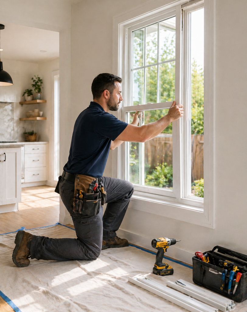 Dallas window installation in progress with an installer, protected flooring, organized tools, and a clean work area.