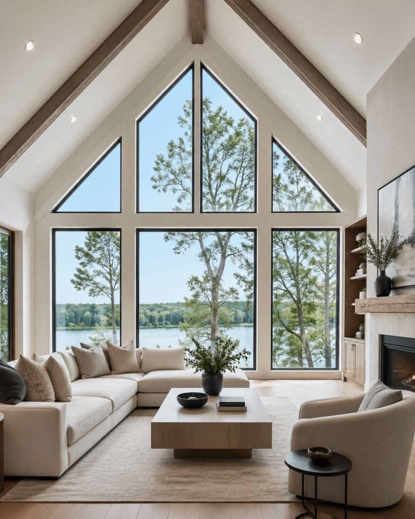 DFW vaulted living room with angle-top and geometric windows following the roofline and bringing in natural light.