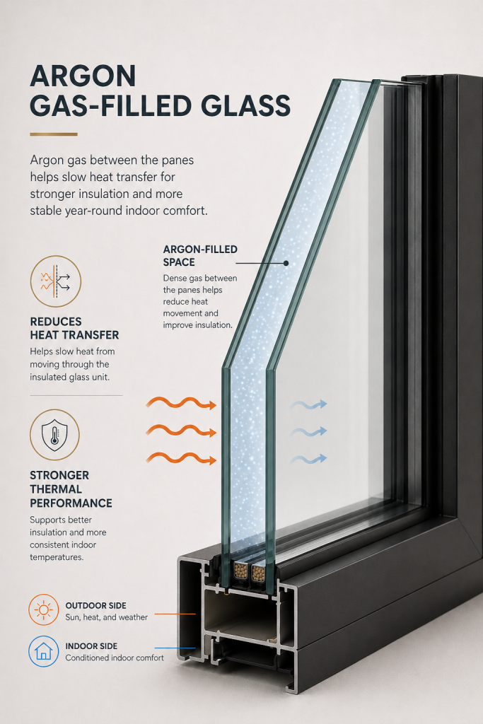 Argon gas-filled insulated window glass showing reduced heat transfer between panes for DFW homes.