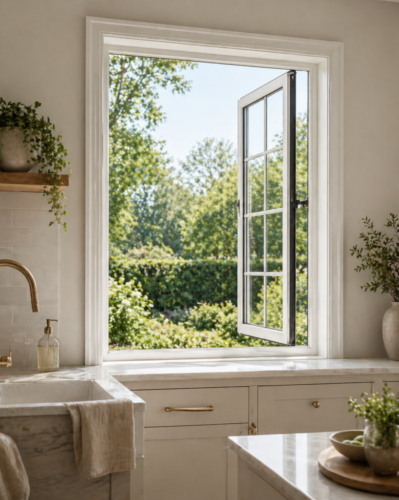 DFW kitchen with an outward-opening casement window providing fresh air, clear views, and refined ventilation.