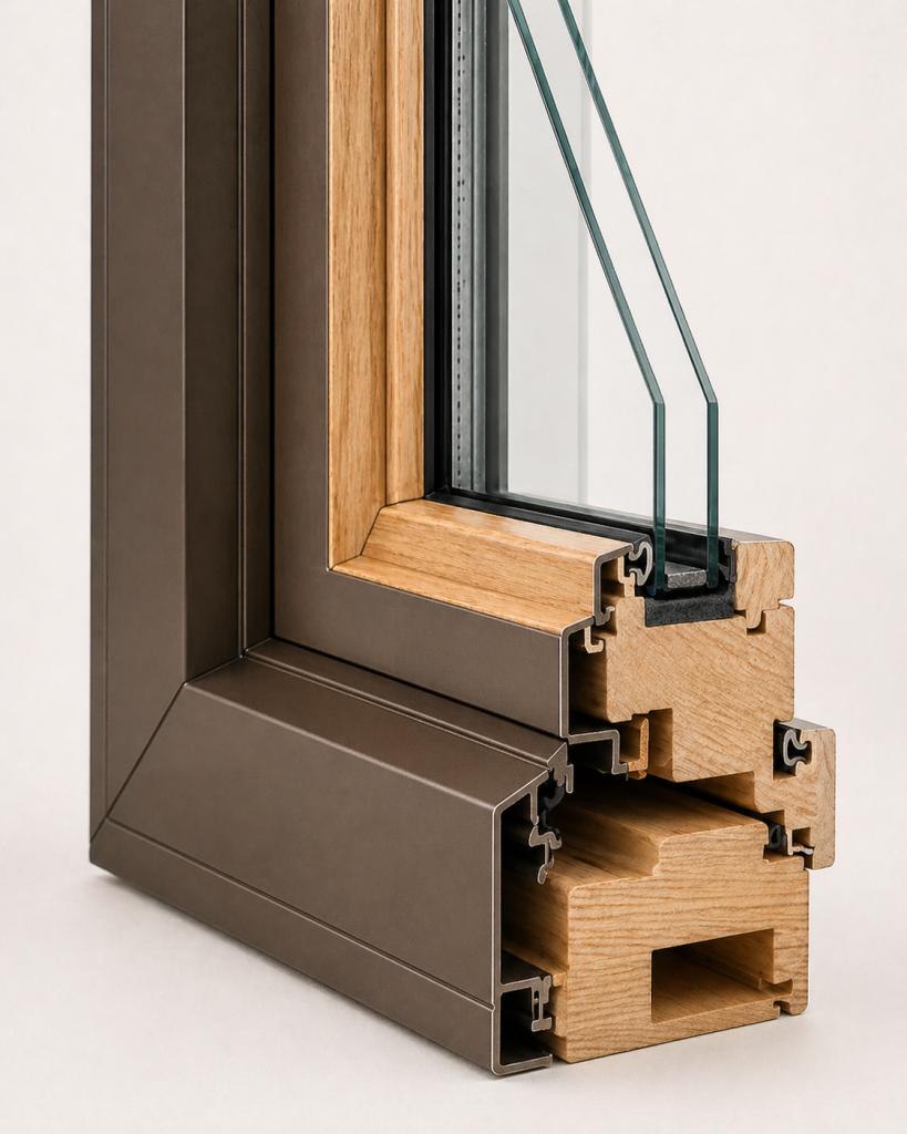 Clad wood window frame cross-section showing wood interior and protected exterior cladding for DFW homes.