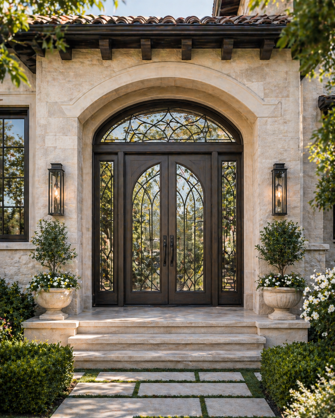 DFW custom specialty entry doors with decorative glass, sidelites, transom, premium hardware, and architectural curb appeal.