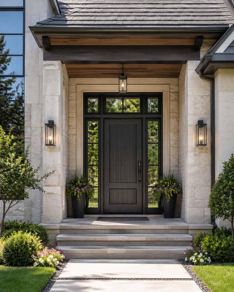 DFW home exterior with a black entry door, sidelites, transom window, stone entryway, and refined curb appeal.