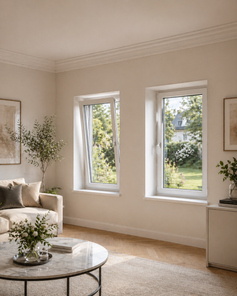 European-style tilt and turn windows in a bright first-floor home interior, offering fresh air, daylight, and window design ideas for DFW homeowners.