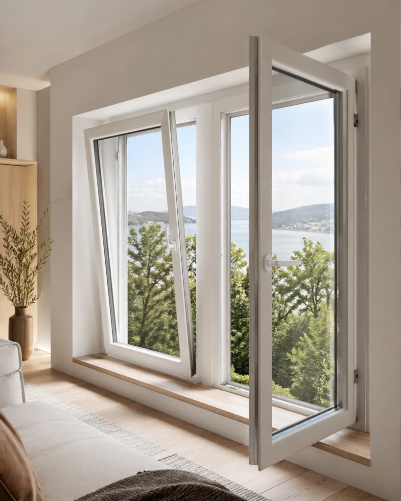 DFW modern home with European tilt and turn windows showing inward opening and flexible ventilation.