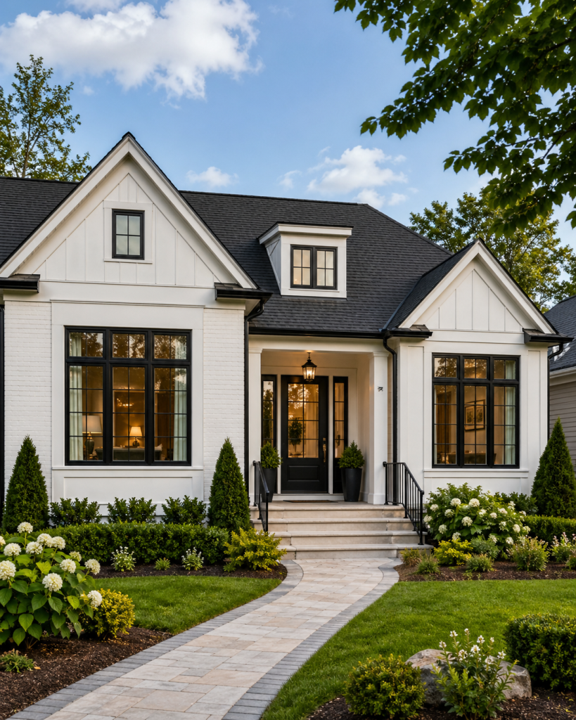DFW home exterior with black window frames, coordinated trim, grid patterns, and balanced proportions for stronger curb appeal.
