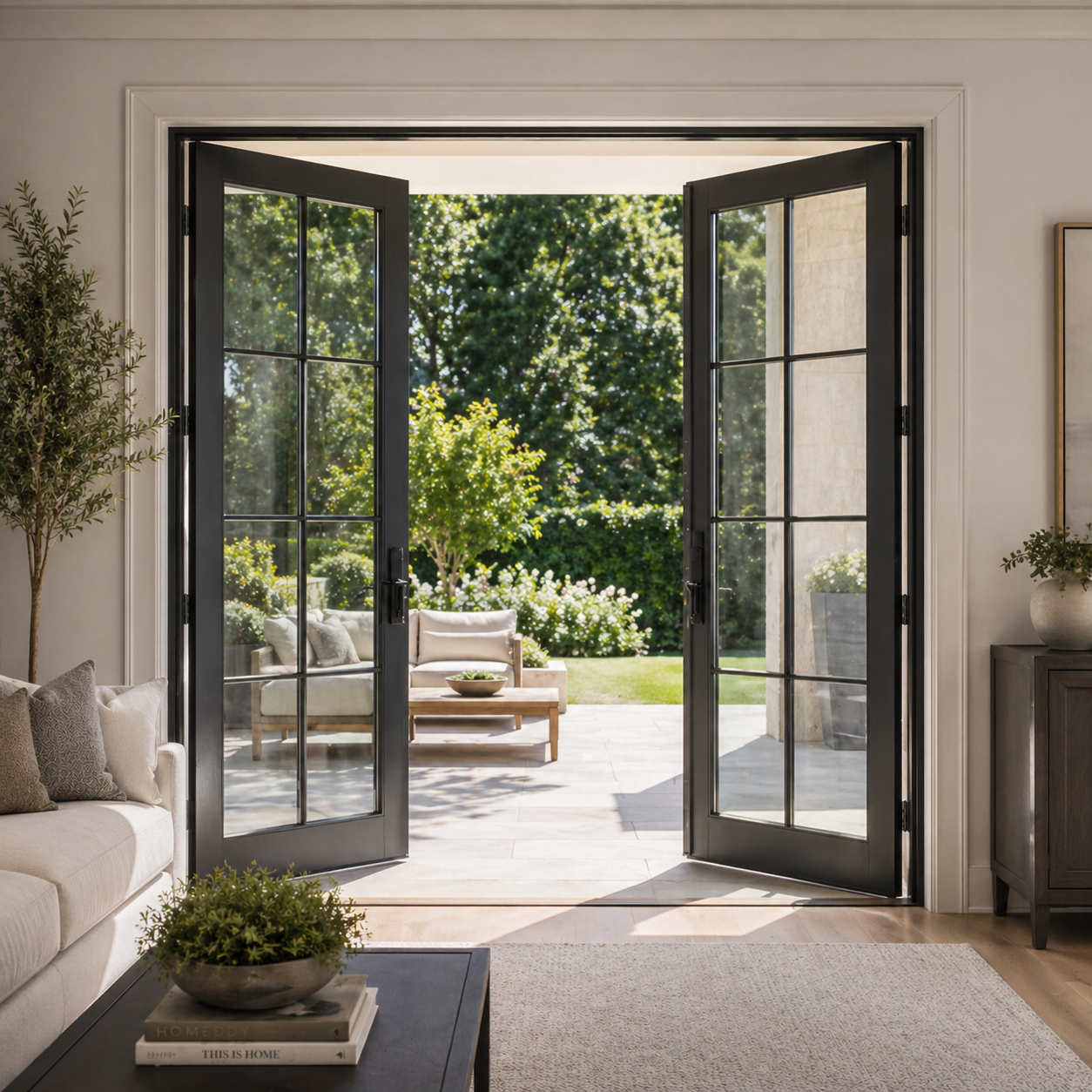 DFW home interior with black French hinged patio doors open to a garden patio and outdoor seating area.