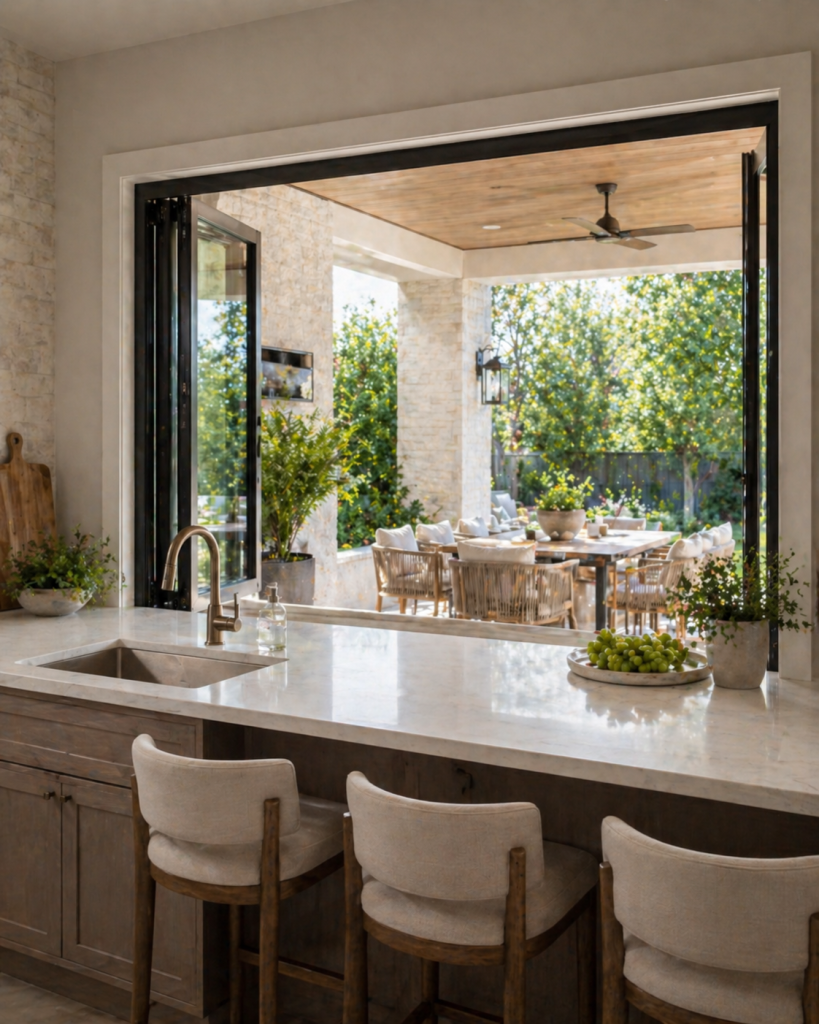 DFW kitchen with a pass-through window connecting the indoor counter to an outdoor patio entertaining area.