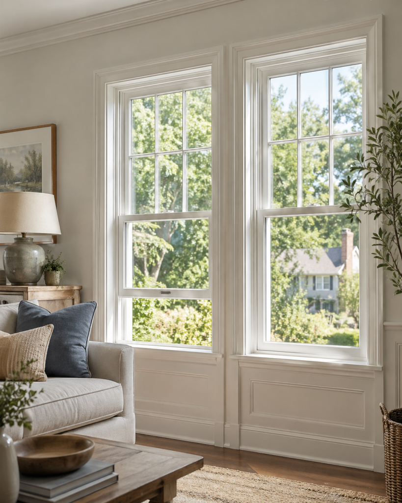 DFW home interior with classic single-hung and double-hung replacement windows bringing natural light and traditional style.