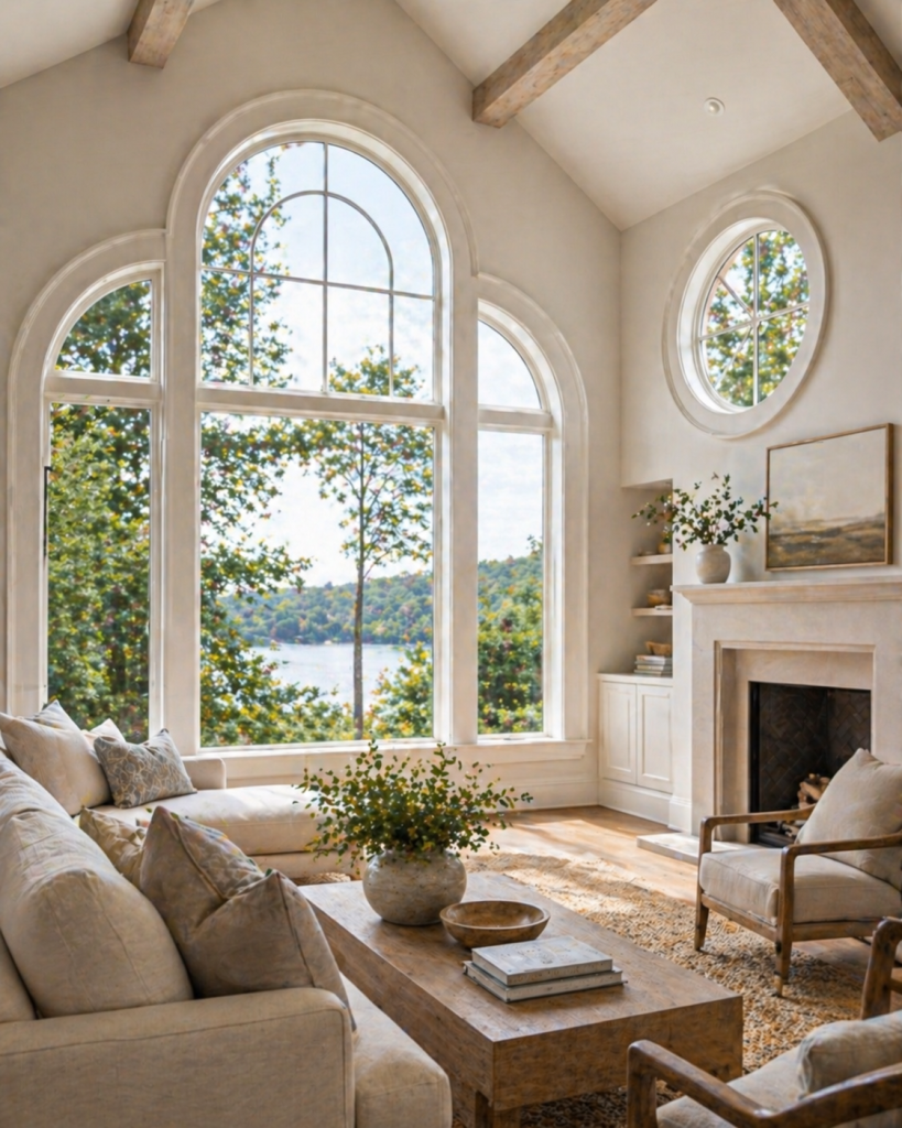 DFW home interior with specialty shape windows, arched glass, circular window details, and custom architectural character.