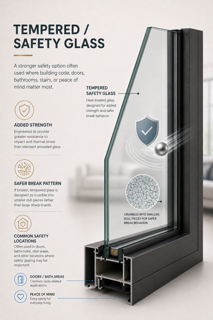 Tempered safety window glass for doors, bathrooms, stairs, and code-related areas in DFW homes.