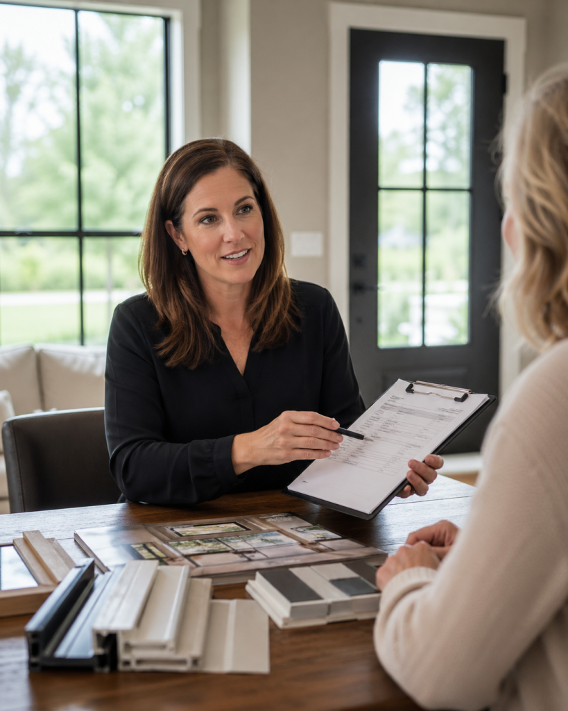 DFW window and door design consultation with a consultant explaining options, samples, and a written estimate to a homeowner.