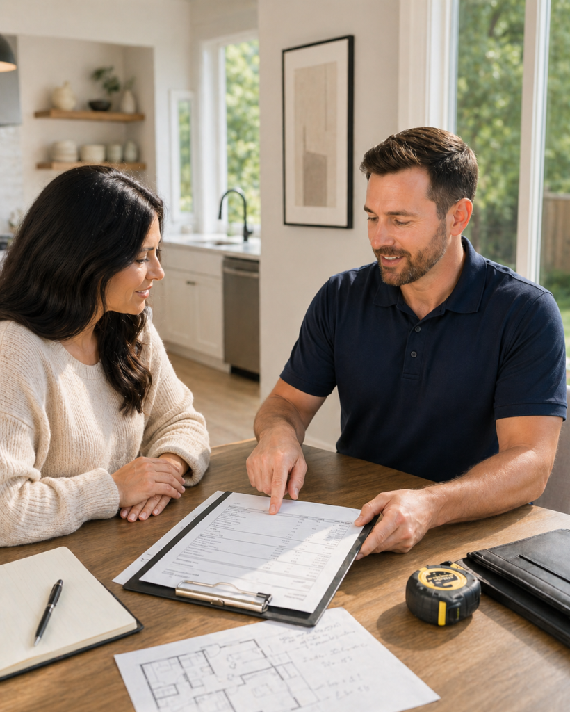 DFW window and door consultant reviewing a detailed written quote, project scope, and measurements with a homeowner.