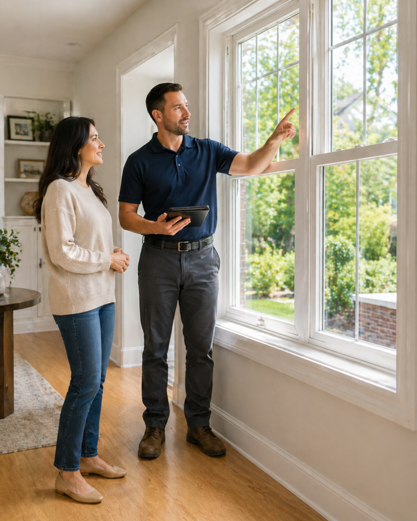 DFW window and door final walkthrough with a specialist and homeowner inspecting the finished window installation.