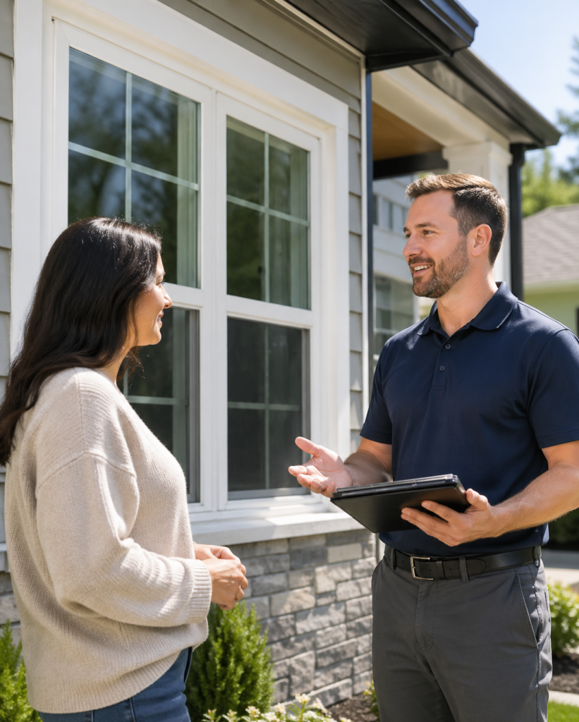 DFW window and door specialist discussing a free estimate with a homeowner outside the home.