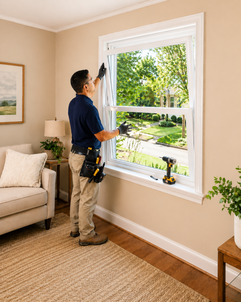 DFW window replacement installer placing a new energy-efficient window in a bright home interior.