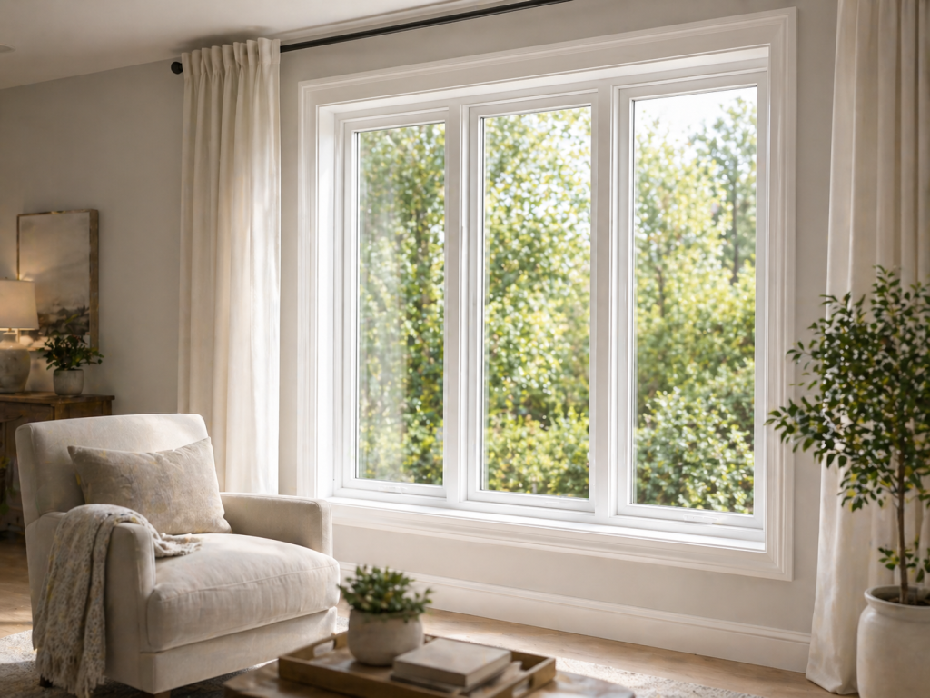 Energy efficient white windows bringing natural light into a Dallas Fort Worth living room