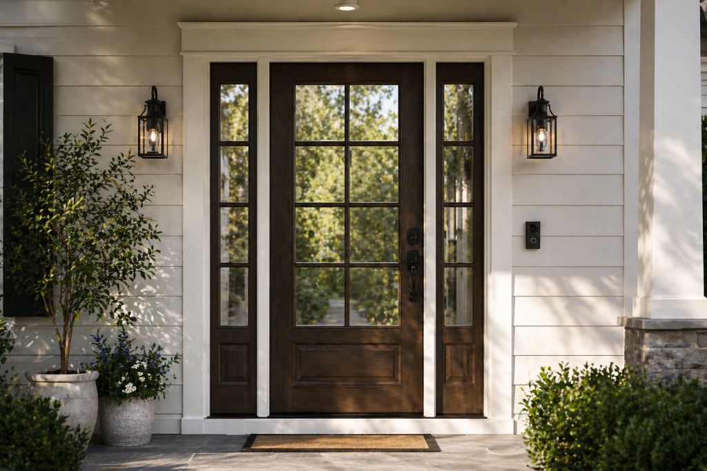 Modern front entry door with glass sidelights for a Dallas Fort Worth home