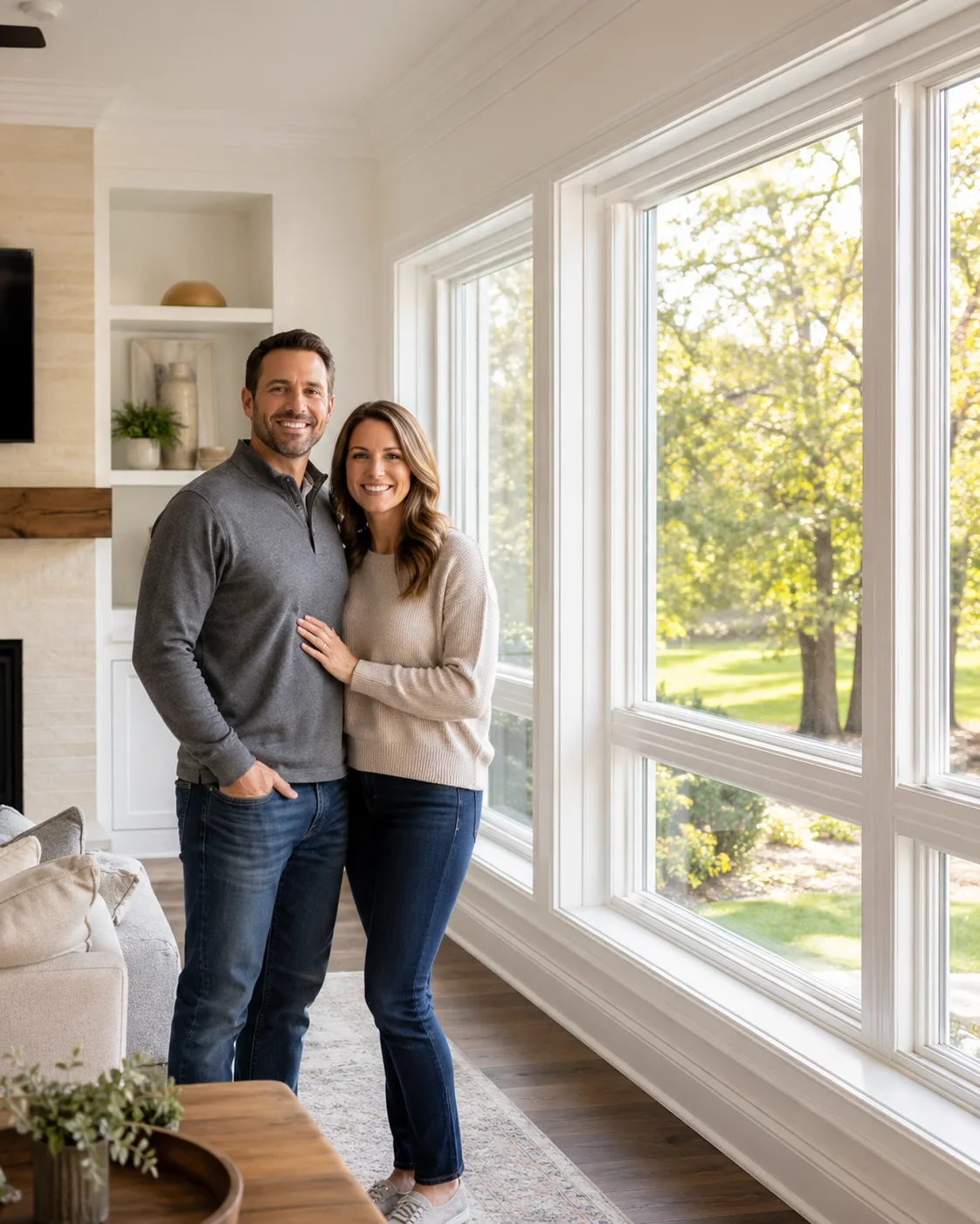 Smiling homeowners next to new replacement windows in a bright living room, showing comfort and satisfaction after installation.
