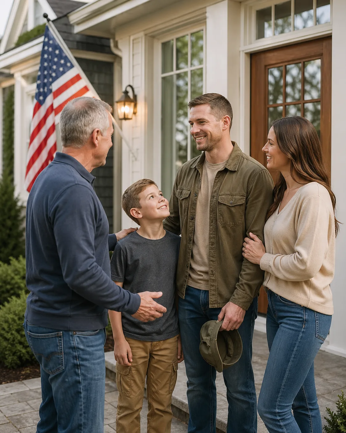 A veteran family and local homeowner gathering outside a home, reflecting military support, community values, and homeowner programs in Dallas-Fort Worth.