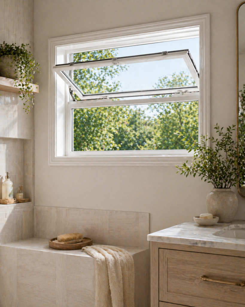 North Texas bathroom with a top-hinged awning window open for controlled ventilation and natural light.