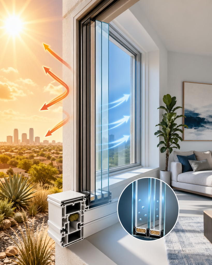 Energy-efficient window diagram showing Low-E glass, argon gas fill, insulated frame, and reduced heat transfer for North Texas homes.