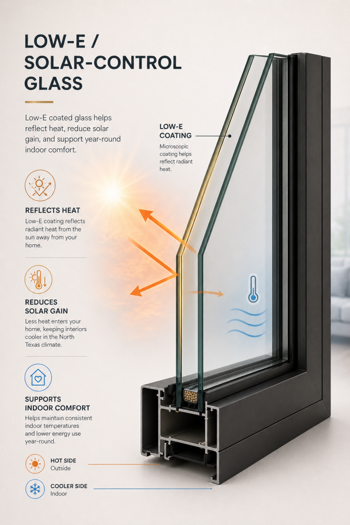 Low-E solar-control window glass reflecting heat and reducing solar gain for North Texas homes.