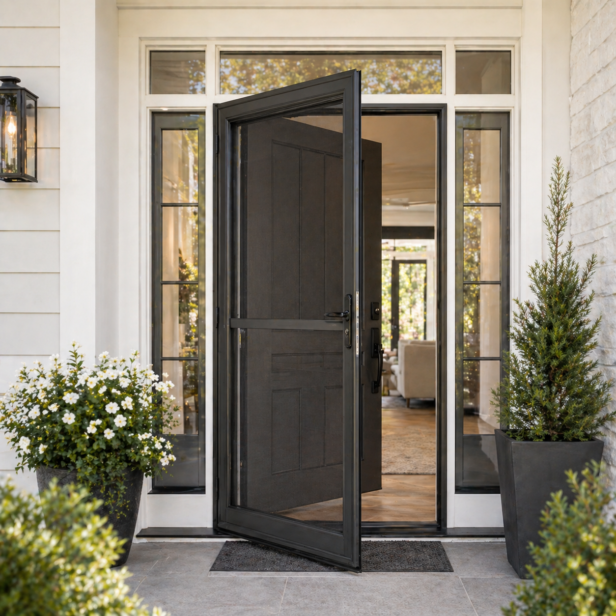 North Texas home entry with a black storm and screen door, main entry door, sidelites, porch plants, and added entry protection.