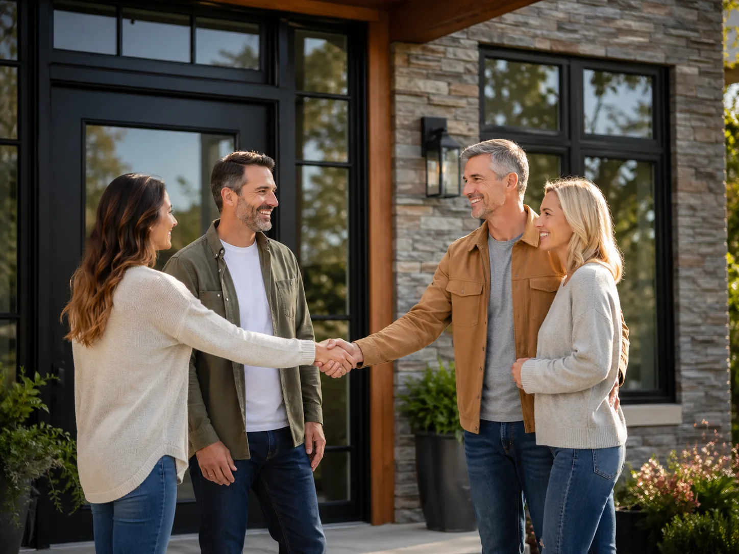Friendly homeowners greeting at the doorstep, representing referral rewards for window and door replacement in Dallas–Fort Worth, Texas