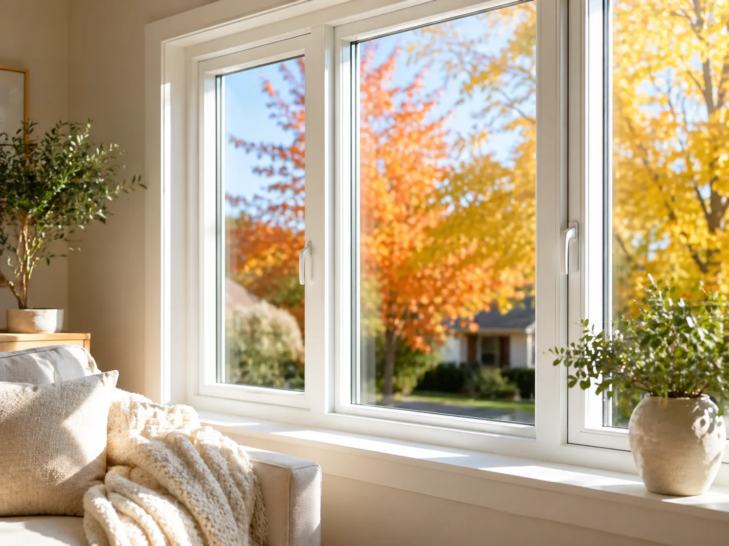 Bright living room window with warm seasonal sunlight, representing seasonal window replacement offers for Dallas–Fort Worth homeowners.
