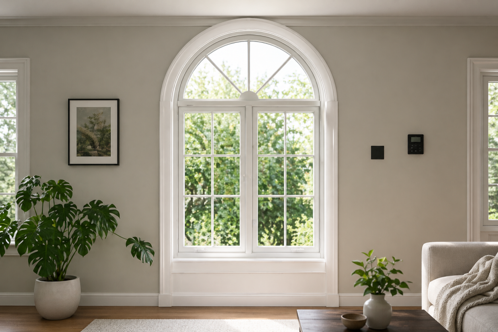 Bright living room with white replacement windows for a Dallas Fort Worth home