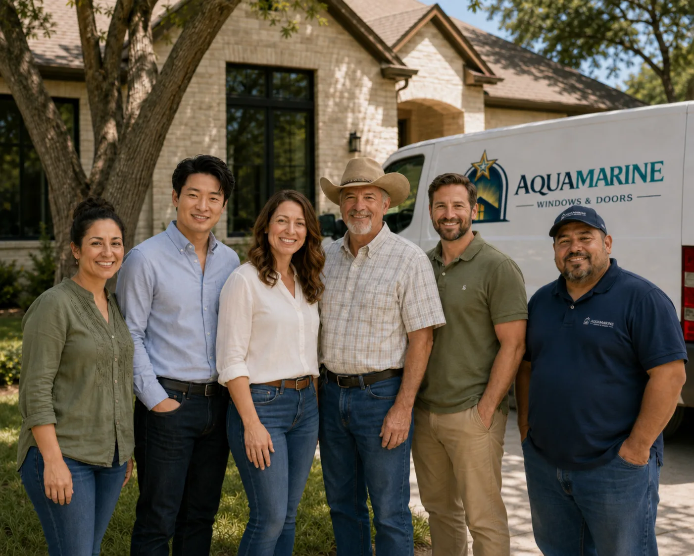 Aquamarine Windows and Doors team outside a DFW home with a branded van