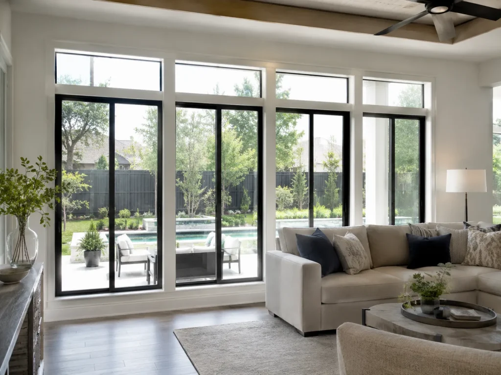 Bright DFW living room with black frame replacement windows overlooking a backyard patio and garden