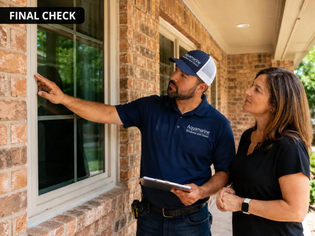 Aquamarine Windows and Doors installer reviewing finished window details with a homeowner after installation