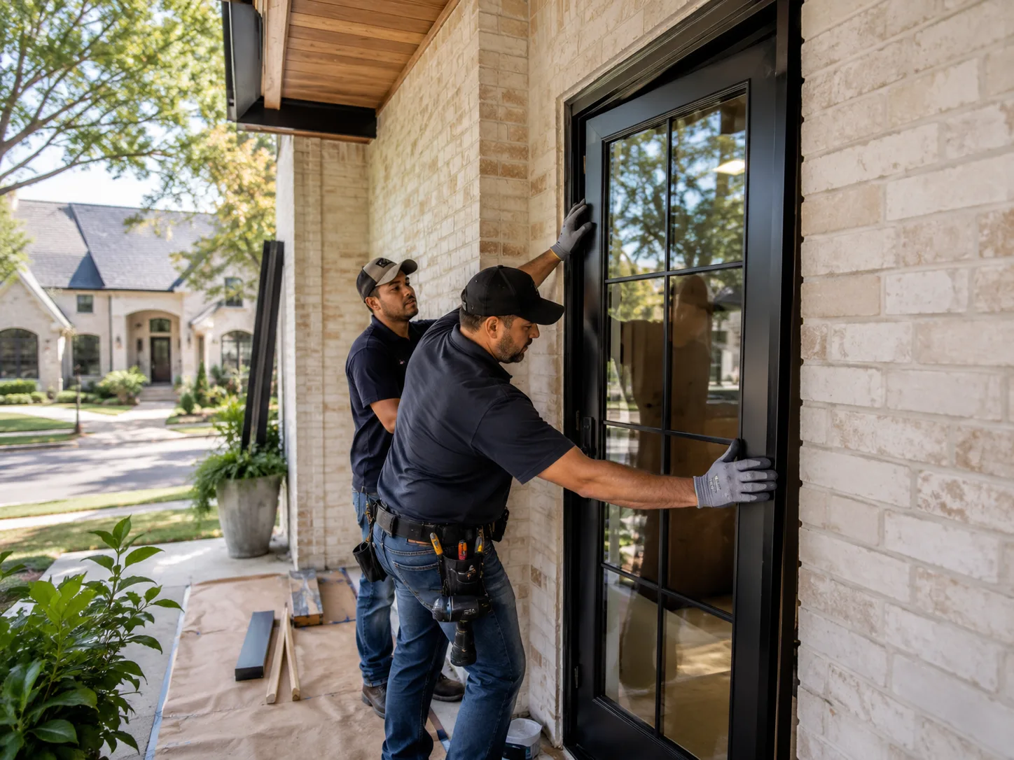 Installers fitting a black entry door on a brick home in the Dallas Fort Worth area